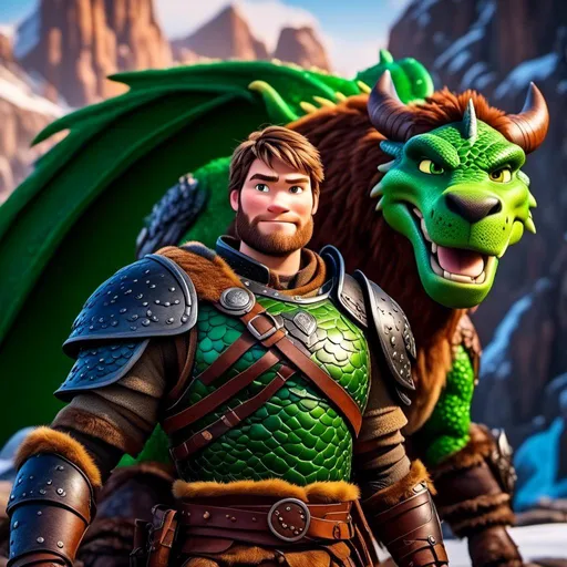 Prompt: <mymodel>Male viking warrior, thin and light muscle build, there is a large green dragon next to him, the male viking is petting his green dragon, short brown hair, green eyes, green armor, brown gear, brown pants, brown boots, historical, strong and natural lighting
