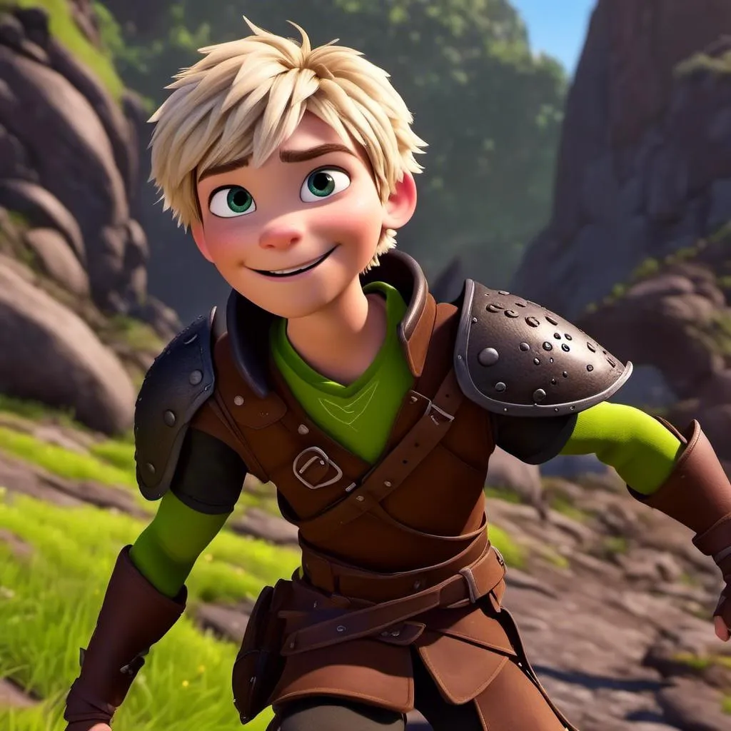 Prompt: <mymodel>CGI Animation, sinister viking boy, 18-year-old, chaotic evil, blonde short messy hair, no facial hair, neon green bandana scarf, dark brown, dark brown long-sleeve shirt, pants, leather armor, two daggers, dozen throwing knives