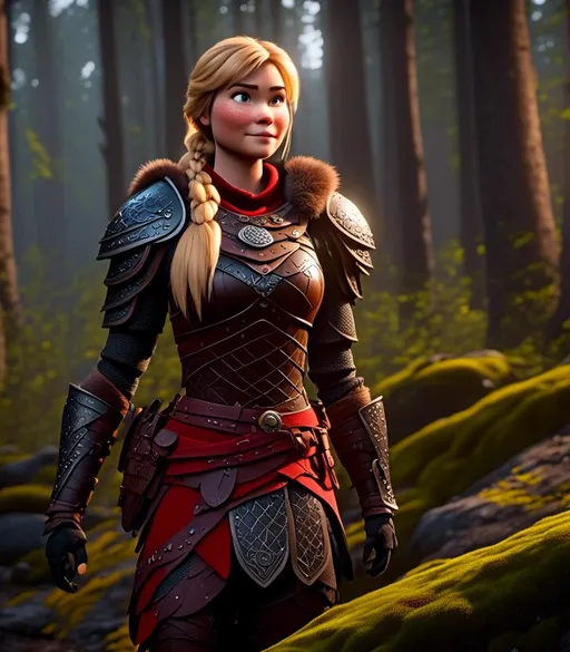 Prompt: <mymodel>CGI Animation, digital art, 20-year-old-old viking woman with light blue eyes standing in a dimly lit forest, blue assassin's creed clothes, red colored armor, blonde straight hair, subtle smile, unreal engine 8k octane, 3d lighting, cinematic lighting, camera shot of full armor from head to toe