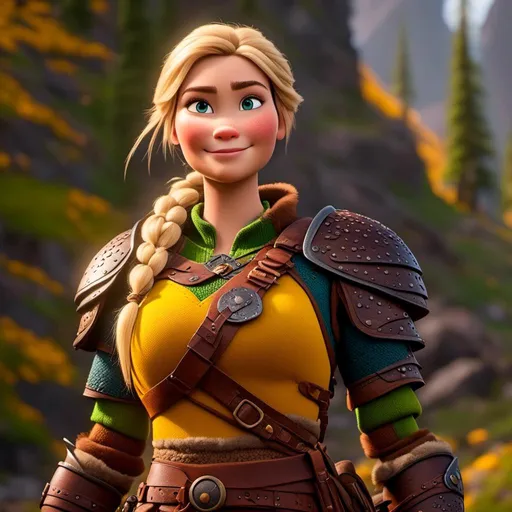 Prompt: <mymodel>CGi Animation, 20-year-old viking woman with one hair braid, subtle smile, blonde hair, blue eyes, green gear, green armor, yellow clothes, yellow textures and highlights, unreal engine 8k octane, 3d lighting, full body, full armor