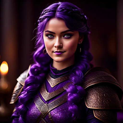 Prompt: A photo of <mymodel> with a heavy purple fur tunic in The Great Hall from How to Train Your Dragon, ((she has a single hair braid down her shoulder))