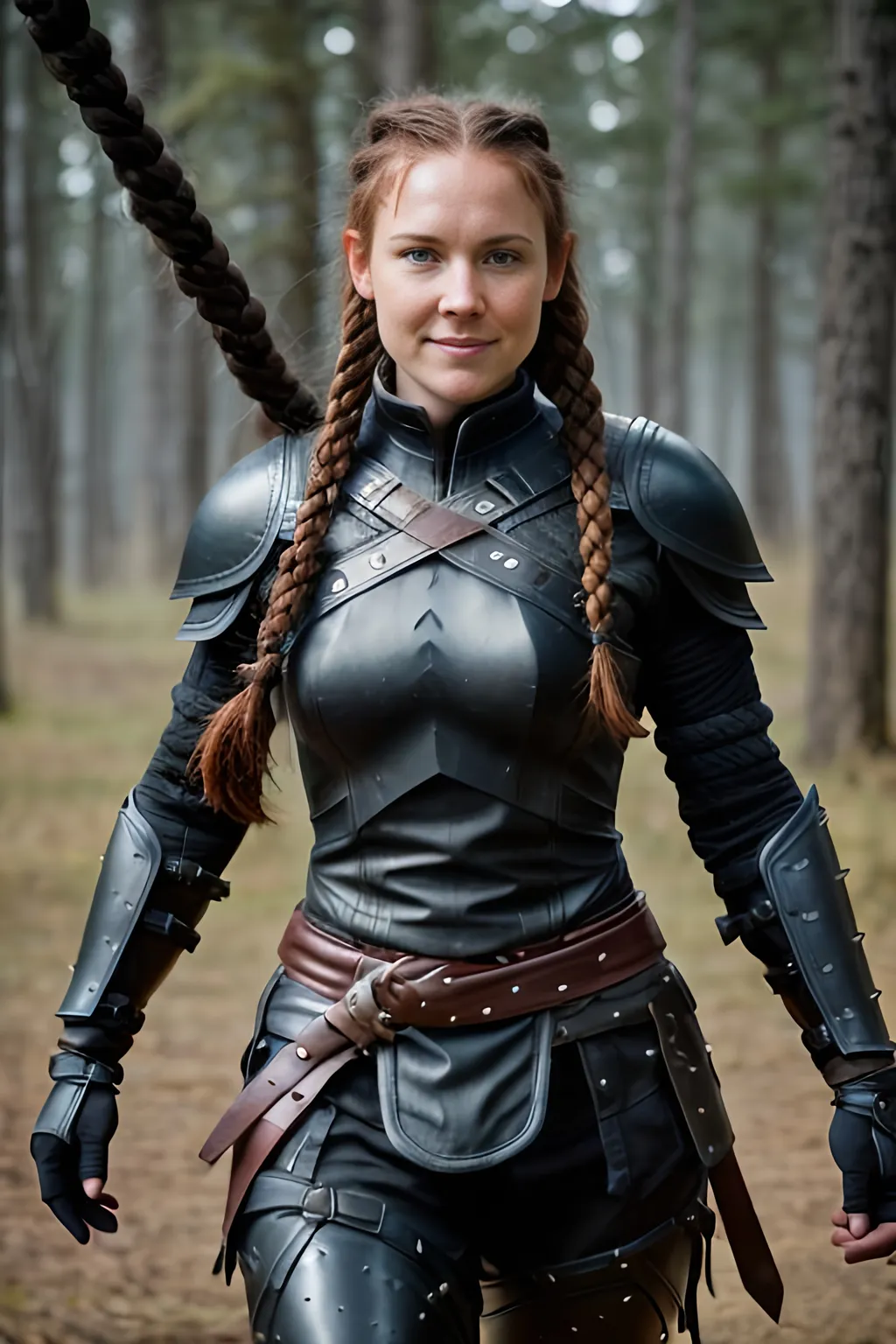 Prompt: Digital art, ((black)) rogue gear, ((black)) adventurer armor, Medium build, slightly broad-shouldered, (((DreamShaper Version 1))), Berk of How to Train Your Dragon, 35-year old viking woman, small smile, red hair, cornrow braids, blue eyes, ((black gear, black armor,)) unreal engine, 8k octane, 3d lighting, full body, full armor