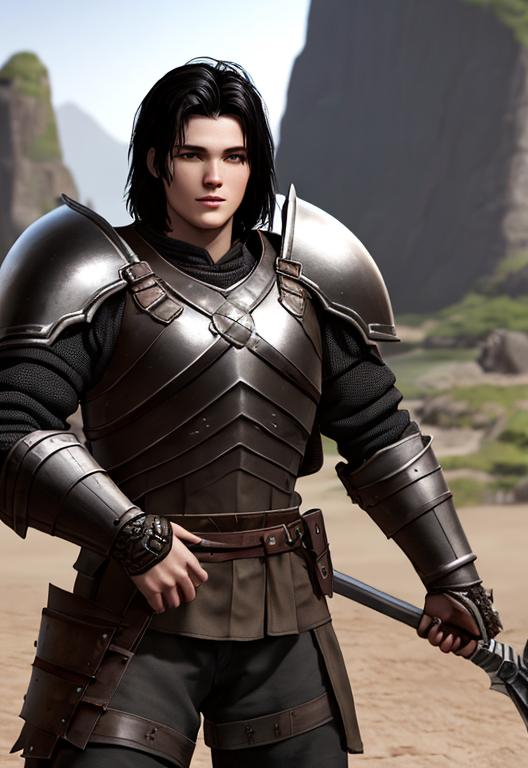 Prompt: Full character, Digital art, 22-year-old viking man, black hair. green armor. blue gear. medium-length black hair, subtle smile, black stubble beard, hazel eyes, adventurer, blue sky background, unreal engine 8k octane, 3d lighting