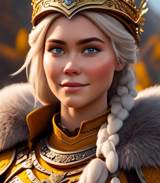 Prompt: <mymodel>CGI Animation, digital art, 20-year-old-old viking woman with light blue eyes, yellow clothes, gold colored armor, white hair, double braids down her shoulders with a tiara, subtle smile, unreal engine 8k octane, 3d lighting, close up camera shot on the face, full armor