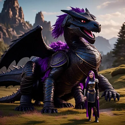 Prompt: Photo of <mymodel> standing next to her ((black)) razorwhip dragon from "How to Train Your Dragon"