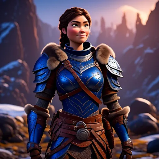 Prompt: <mymodel>Digital art, 18-year-old viking woman, subtle smile, cobalt blue gear, cobalt blue armor, brunette hair, two braids, dark brown eyes, unreal engine 8k octane, 3d lighting, full body, full armor