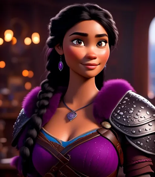 Prompt: <mymodel>CGI Animation, digital art, 20-year-old-old viking woman with light blue eyes, she is standing in her library, she is of royalty, {{black gear, purple armor}}, black hair with purple strands, single braid down her shoulder with a tiara, subtle smile, unreal engine 8k octane, 3d lighting, close up camera shot on the face, full armor