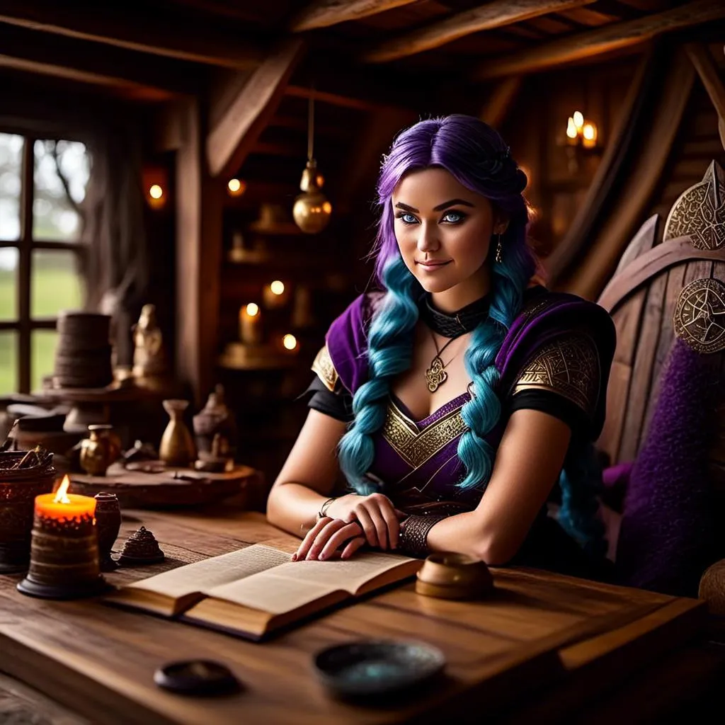 Prompt: Photo of <mymodel> casually relaxing sitting at a desk in her viking house, she has light blue eyes