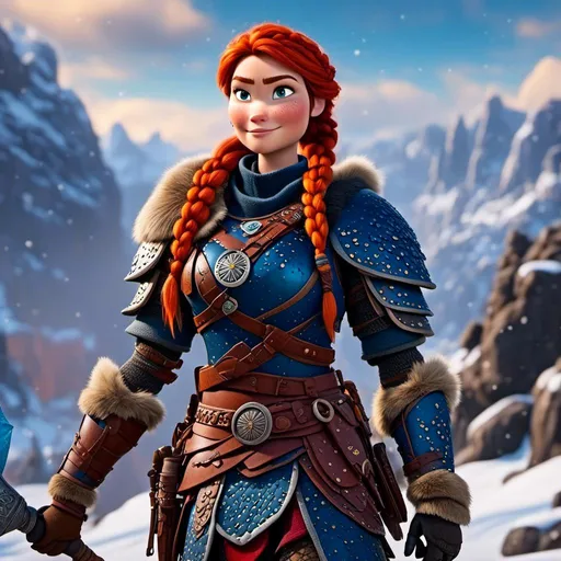 Prompt: <mymodel>CGi Animation, 25-year-old viking woman warrior with blue eyes, a snowy scene, the viking woman has a subtle smile, red hair with lots of braids, she has red gear, gold armor with bursts of blue textured splotches, black pants, black boots
