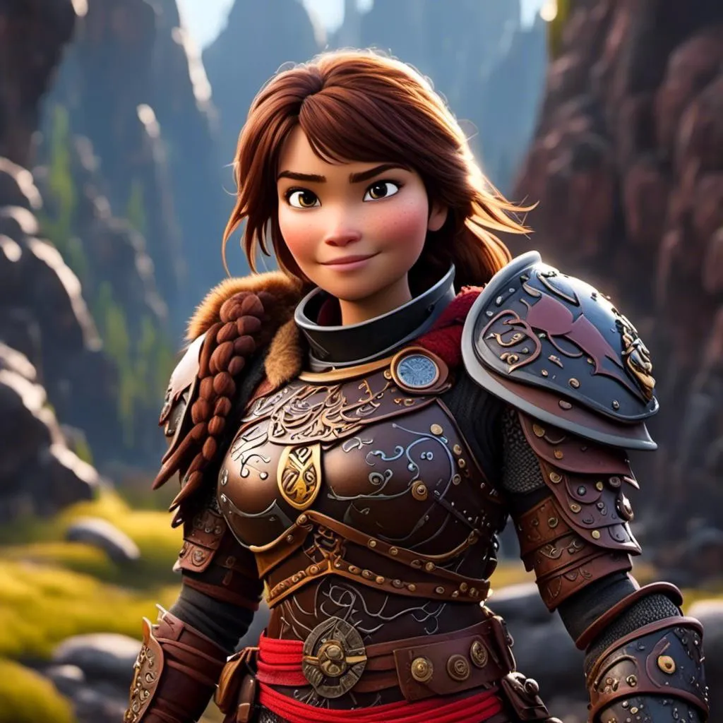 Prompt: <mymodel>CGI Animation of a viking female, brown hair in her face, hazel eyes, bright red gear and armor, she has heavy gauntlets on her hands with armored gloves, yellow highlights and textures, standing in a viking village, intricate details, high quality, digital painting, cool tones, dramatic lighting