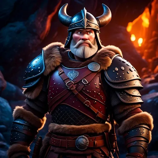 Prompt: <mymodel>Animated CGI style, male viking with a helmet, bright colored armor and gear, standing in a dimly lit cave, realistic textures, high quality, vibrant color palette, atmospheric lighting