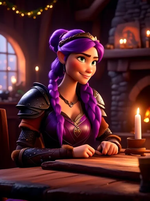 Prompt: <mymodel>CGI Animation, digital art, 20-year-old-old viking woman of royalty sitting at a desk in her home in the living room next to the fireplace, light blue eyes, {{black gear, purple armor}}, purple hair, single braid down her shoulder with a tiara, subtle smile, unreal engine 8k octane, 3d lighting, close up camera shot on the face, full armor