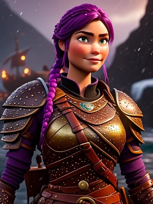 Prompt: Photo of <mymodel> standing in a heavy rain on a viking ship, viking warrior, she has light blue eyes, purple hair, single braid down her shoulder, purple gear, gold armor, purple pants, gold boots, full body shot, 16K unreal engine octane