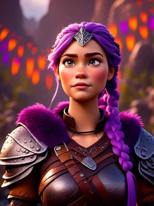 Prompt: <mymodel>CGI Animation, digital art, 20-year-old-old viking woman with light blue eyes, she looks sad and upset, standing in a battle arena at the ready, purple hair with purple strands, single braid down her shoulder with a tiara, unreal engine 8k octane, 3d lighting, close up camera shot on the face, full armor