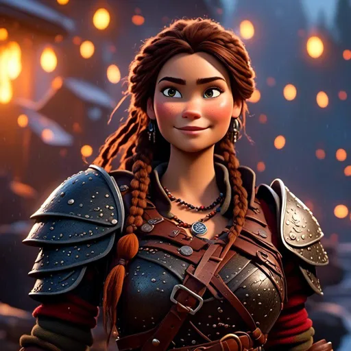 Prompt: <mymodel>CGI Animation, 20-year-old-old pirate woman, a rainy scene, {{brown gear, silver armor}}, brunette hair, dreadlocks, subtle smile, beads hair, small red earrings, multiple braids, straight hair, brown eyes, bracelets, rings on fingers, mercenary gear, unreal engine 8k octane, 3d lighting, full body, full armor