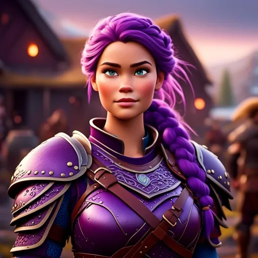 Prompt: <mymodel>a female viking warrior with purple hair, light blue eyes, single braid down shoulder, standing in a viking village, adorned in regal purple armor, fierce and determined expression, fully body, cool tones, dramatic lighting, intricate detailing