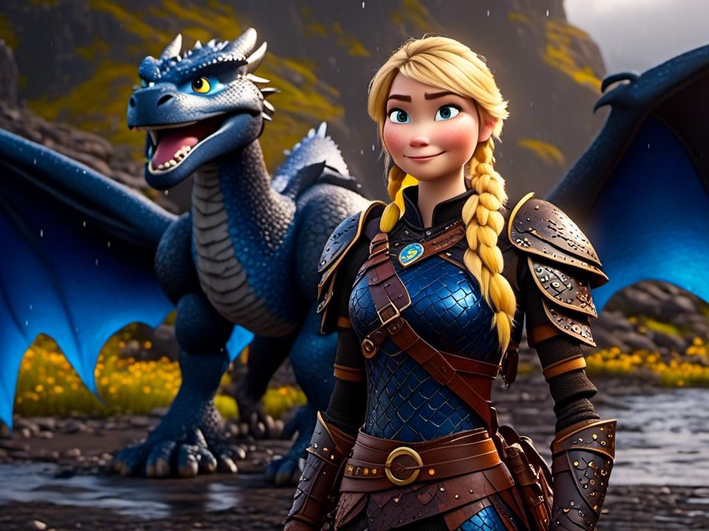 Prompt: <mymodel>CGi Animation, 20-year-old viking woman with blue eyes, a rainy scene, she is standing next to a bright blue dragon with gold highlights, they are both in the rain, the viking woman has a subtle smile, blonde hair in a ponytail style, she has blue gear, gold armor, black pants, black boots, unreal engine 8k octane, 3d lighting, full body, full armor