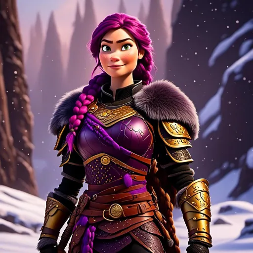 Prompt: Photo of <mymodel> standing in the snow, viking warrior, purple hair, single braid down her shoulder, black gear, gold armor, black pants, gold boots