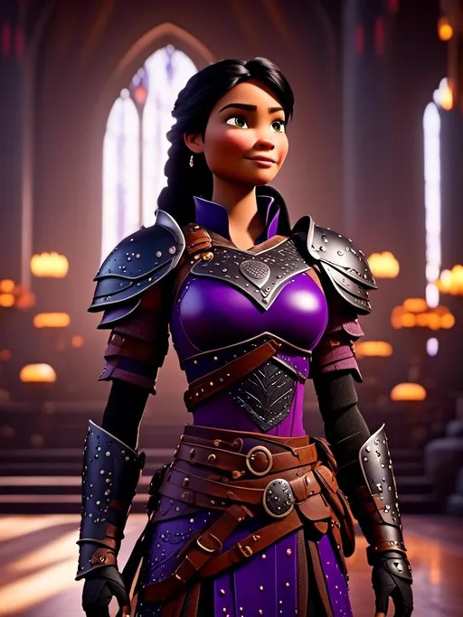 Prompt: <mymodel>CGI Animation, digital art, 20-year-old-old viking woman of royalty standing in The Great Hall on the Isle of Berk, {{black gear, purple armor}}, black hair, single braid down her shoulder with a tiara, subtle smile, unreal engine 8k octane, 3d lighting, close up camera shot on the face, full armor