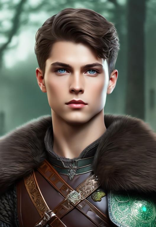 Prompt: he has short brown hair, create most handsome fit fictional male prince viking warrior, short brown hair, light green eyes, extremely detailed environment, detailed background, intricate, detailed skin, professionally color graded, photorealism, 16k, moody lighting