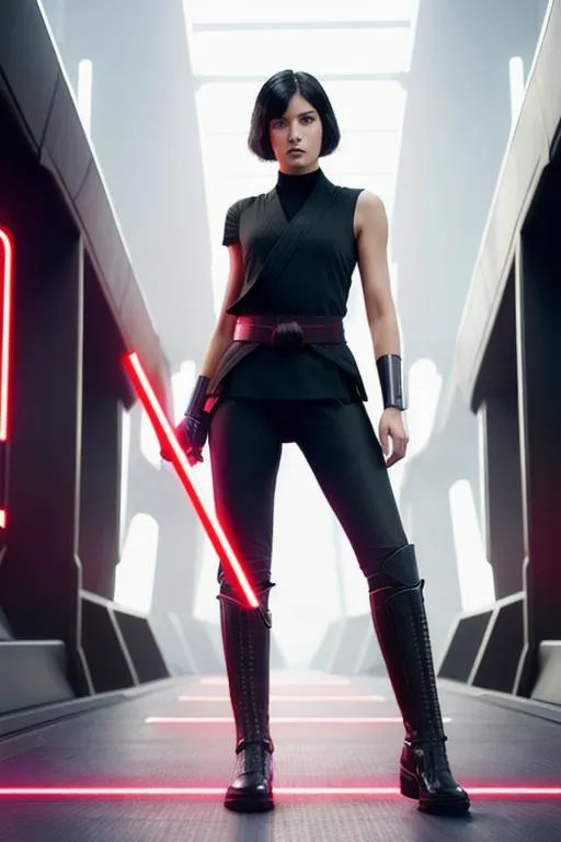 Prompt: Digital Art, A young woman Sith lord standing on an Imperial dreadnaught bridge, with black short-length hair, black pants, a subtle smile, a black short sleeve shirt, a black vest past the waist, a black belt, sleek black boots, two lightsabers one red, and one light pink, unreal engine 8k octane, full body, full gear