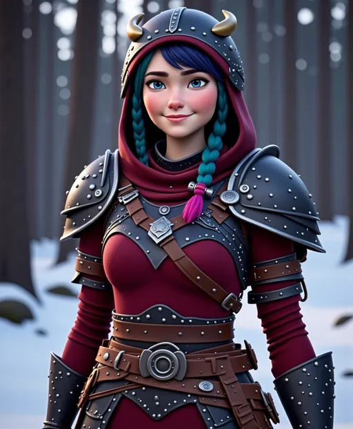 Prompt: <mymodel>CGI Animation, digital art, 20-year-old-old viking woman with violet eyes, Dark red Long sleeve shirt, skirt with dragon teeth on it, wears the snow wraith hood, ((dark dark blue hair with teal, pink and purple streaks)), standing snowy forest, subtle smile, unreal engine 8k octane, 3d lighting, close up camera shot on the face, full armor