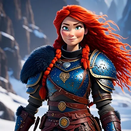 Prompt: <mymodel>CGi Animation, 25-year-old viking woman warrior with blue eyes, a snowy scene, the viking woman has a subtle smile, red hair, she has red gear, gold armor with bursts of blue textured splotches, black pants, black boots