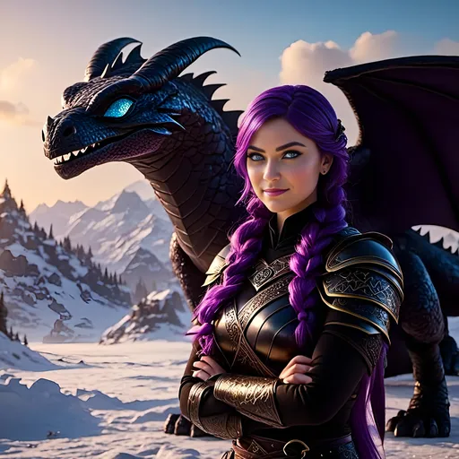 Prompt: Photo of <mymodel> standing next to her ((black)) razorwhip dragon from How to Train Your Dragon in the snow, she has light blue eyes