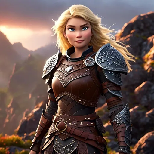 Prompt: <mymodel>Animated CGI style of a fierce Caucasian white Viking female about 25 years old, blond hair, detailed facial features, leather armor with intricate Nordic designs, battle axe and shield, intense and determined expression, dynamic and powerful pose, high definition, CGI, detailed armor, fierce female, Nordic designs, battle-ready, dynamic pose, professional lighting