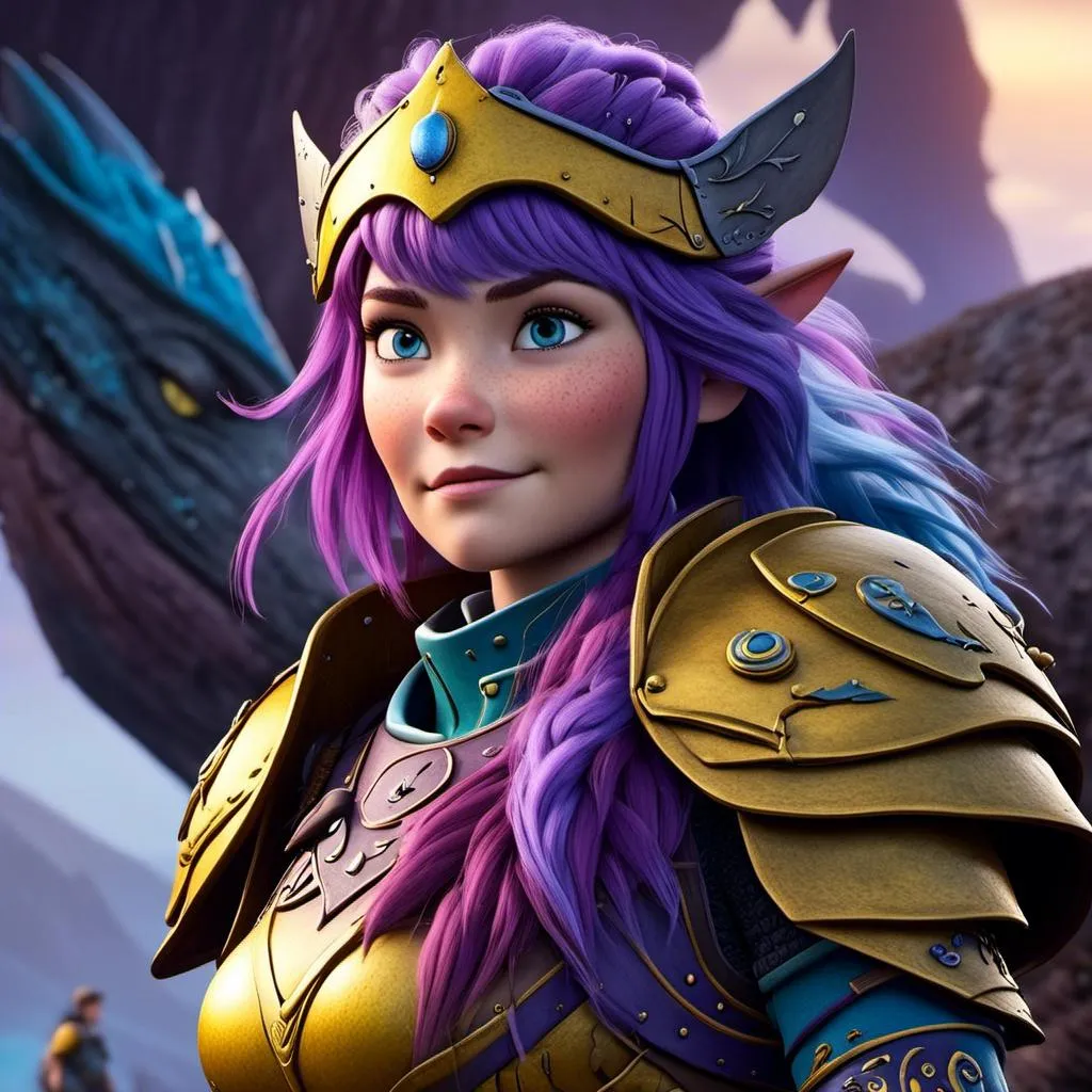 Prompt: <mymodel>CGI Animation of a viking female, purple hair, blue and yellow gear and armor, intricate details, high quality, digital painting, cool tones, dramatic lighting