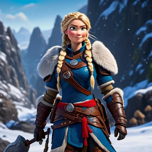 Prompt: <mymodel>CGi Animation, 25-year-old viking woman warrior with blue eyes, a snowy scene, the viking woman has a subtle smile, blonde dreadlocks and braids in her hair, she has red gear, gold armor with bursts of blue textured splotches, black pants, black boots