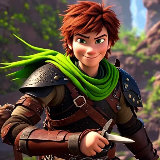 Prompt: <mymodel>CGI Animation, sinister viking boy, 18-year-old, chaotic evil, red short messy hair, no facial hair, neon green bandana scarf, dark brown, dark brown long-sleeve shirt, pants, leather armor, two daggers, dozen throwing knives
