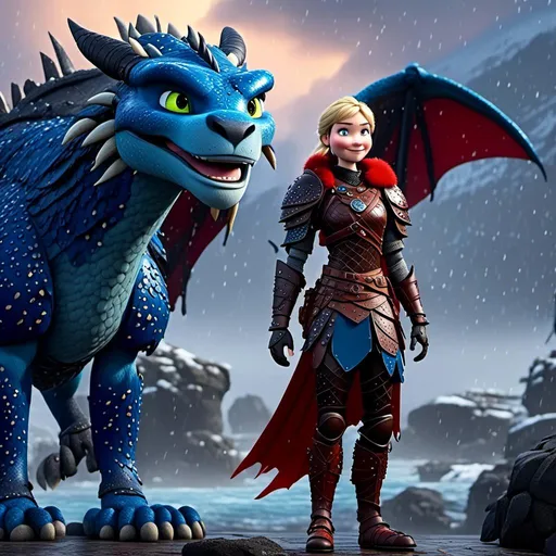 Prompt: <mymodel>CGi Animation, 20-year-old viking woman with blue eyes, a rainy scene, she is standing next to a bright blue dragon with red highlights, they are both in the rain, the viking woman has a subtle smile, blonde hair in a ponytail style, she has blue gear, red armor, black pants, black boots