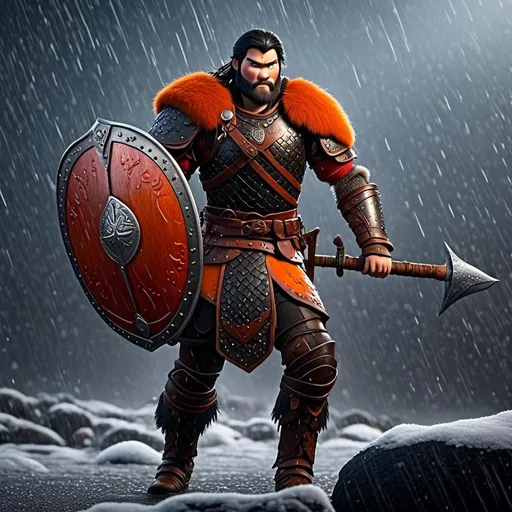 Prompt: <mymodel>Animated CGI style of a fierce Viking male about 25 years old, black hair, detailed facial features, leather armor {{((red))}} and orange armor, battle axe and shield, standing in the rain, intense and determined expression, dynamic and powerful pose, high definition, CGI, detailed armor, fierce male, Nordic designs, battle-ready, dynamic pose, professional lighting