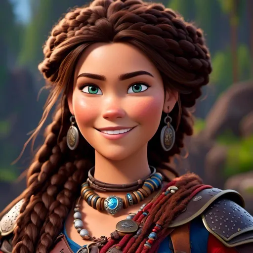 Prompt: <mymodel>CGI Animation, 20-year-old-old pirate woman, head is in rhe shape of an oval, {{brown gear, silver armor}}, brunette hair, dreadlocks, subtle smile, beads hair, small red earrings, multiple braids, straight hair, blue eyes, bracelets, rings on fingers, mercenary gear, unreal engine 8k octane, 3d lighting, full body, full armor