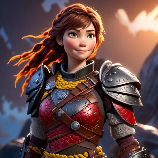 Prompt: <mymodel>CGI Animation of a viking female, brown hair with some braids, hazel eyes, bright red gear and armor, yellow highlights and textures, dragon scale textures and armor, intricate details, high quality, digital painting, cool tones, dramatic lighting