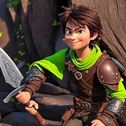 Prompt: <mymodel> CGI Animation, sinister viking boy, 18-year-old, chaotic evil, black short messy hair, no facial hair, neon green bandana, dark brown, dark brown long-sleeve shirt, pants, leather armor, two daggers, dozen throwing knives