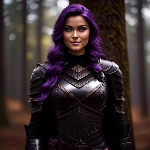 Prompt: <mymodel>25-year-old viking woman, subtle smile, light blue eyes, black gear, bright black armor, black textures and highlights, standing in the shadows of the forest, short focus, blurry background, unreal engine 8k octane, 3d lighting, full body, full armor