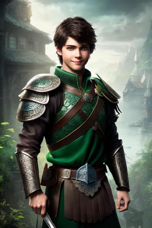 Prompt: he has short brown hair, with a smile, create most handsome fictional male prince viking warrior, short brown hair, light green eyes, extremely detailed environment, detailed background, intricate, detailed skin, professionally color graded, photorealism, 16k, moody lighting