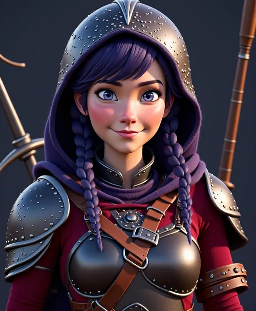 Prompt: <mymodel>CGI Animation, digital art, 20-year-old-old viking woman with violet eyes, Dark red Long sleeve shirt, skirt with dragon teeth on it, wears the snow wraith hood, ((dark dark blue hair with teal, pink and purple streaks)), locked in a sword battle with Annabeth who has purple hair in the training ring, subtle smile, unreal engine 8k octane, 3d lighting, close up camera shot on the face, full armor