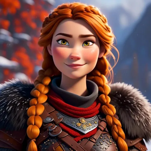 Prompt: <mymodel>CGi Animation, 25-year-old viking woman warrior with yellow eyes, a snowy scene, the viking woman has a subtle smile, hazel color hair, she has dark yellow gear, orange armor with bursts of red textured splotches, black pants, black boots