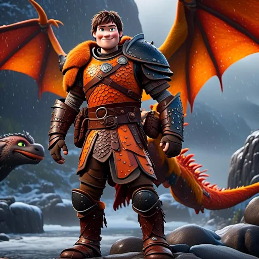 Prompt: <mymodel>CGi Animation, 20-year-old viking man with blue eyes, a rainy scene, the viking man has a subtle smile, black hair, he has orange gear, yellow armor with bursts of red splotches, black pants, black boots, he is standing next to a bright orange dragon with gold highlights, they are both in the rain