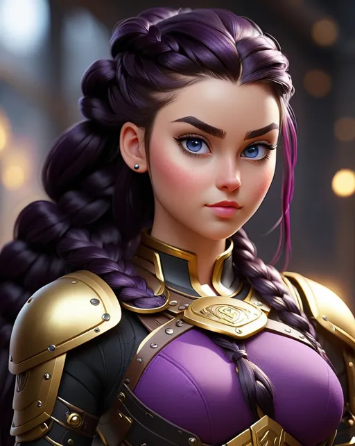 Prompt: Digital art, 20-year-old woman viking, dark purple hair, one braid, light blue eyes, black gear, gold armor, unreal engine 8k octane, 3d lighting, full body, full armor