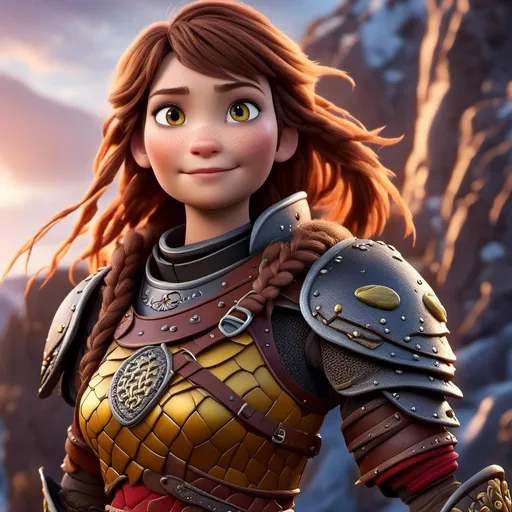 Prompt: <mymodel>CGI Animation of a viking female, brown hair with some braids, hazel eyes, bright red gear and armor, yellow highlights and textures, dragon scale textures and armor, intricate details, high quality, digital painting, cool tones, dramatic lighting