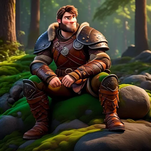 Prompt: <mymodel>Male viking warrior, thin and light muscle build, sitting on a boulder in the forest, there is a large green dragon next to him, short brown hair, green eyes, green armor, brown gear, brown pants, brown boots, historical, strong and natural lighting