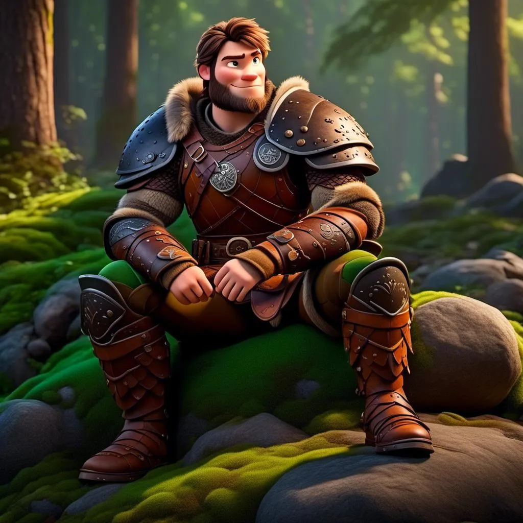 Prompt: <mymodel>Male viking warrior, thin and light muscle build, sitting on a boulder in the forest, there is a large green dragon next to him, short brown hair, green eyes, green armor, brown gear, brown pants, brown boots, historical, strong and natural lighting