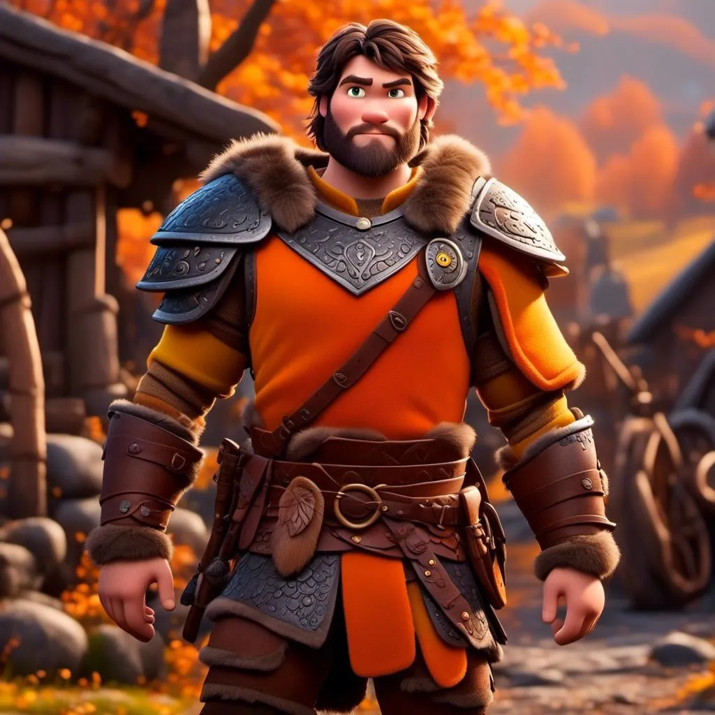 Prompt: <mymodel>CGI Animation of a viking male, light and small body build, young looks, black short wavy hair, brown eyes, bright orange simple gear, yellow highlights and textures, full body picture, standing in a viking village, intricate details, high quality, digital painting, bright energetic tones, dramatic lighting