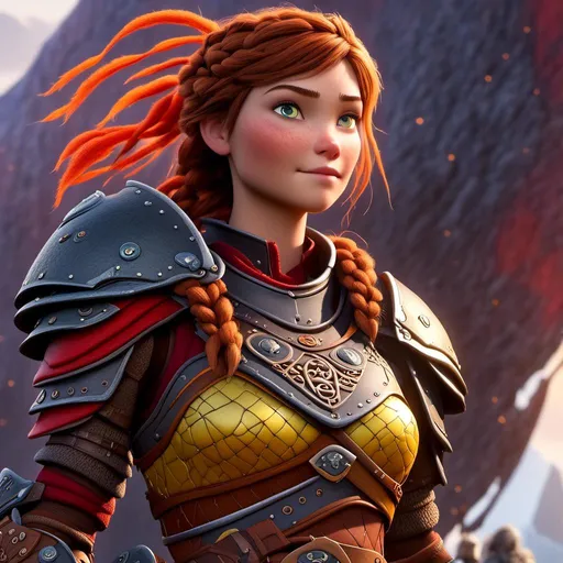 Prompt: <mymodel>CGI Animation of a viking female, brown hair with some braids, hazel eyes, bright red gear and armor, yellow highlights and textures, intricate details, high quality, digital painting, cool tones, dramatic lighting