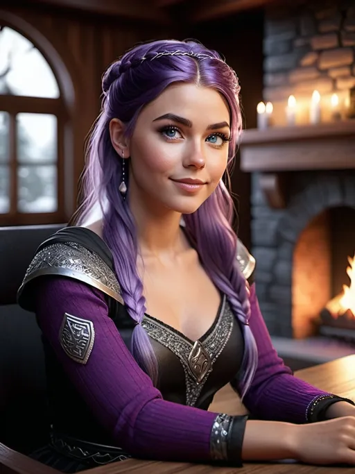 Prompt: <mymodel>CGI Animation, digital art, 20-year-old-old viking woman of royalty sitting at a desk in her home in the living room next to the fireplace, light blue eyes, {{black gear, purple armor}}, purple hair, single braid down her shoulder with a tiara, subtle smile, unreal engine 8k octane, 3d lighting, close up camera shot on the face, full armor