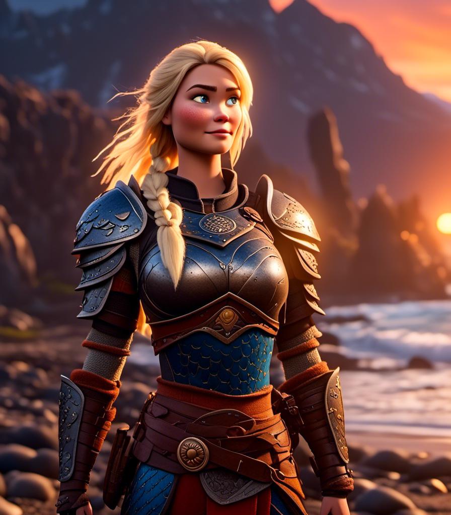 Prompt: <mymodel>CGI Animation, digital art, 20-year-old-old viking woman with light blue eyes standing around several hot springs on a beach, sunset lighting, blue clothes, blue colored armor, blonde straight hair, subtle smile, unreal engine 8k octane, 3d lighting, cinematic lighting, camera shot of full armor from head to toe